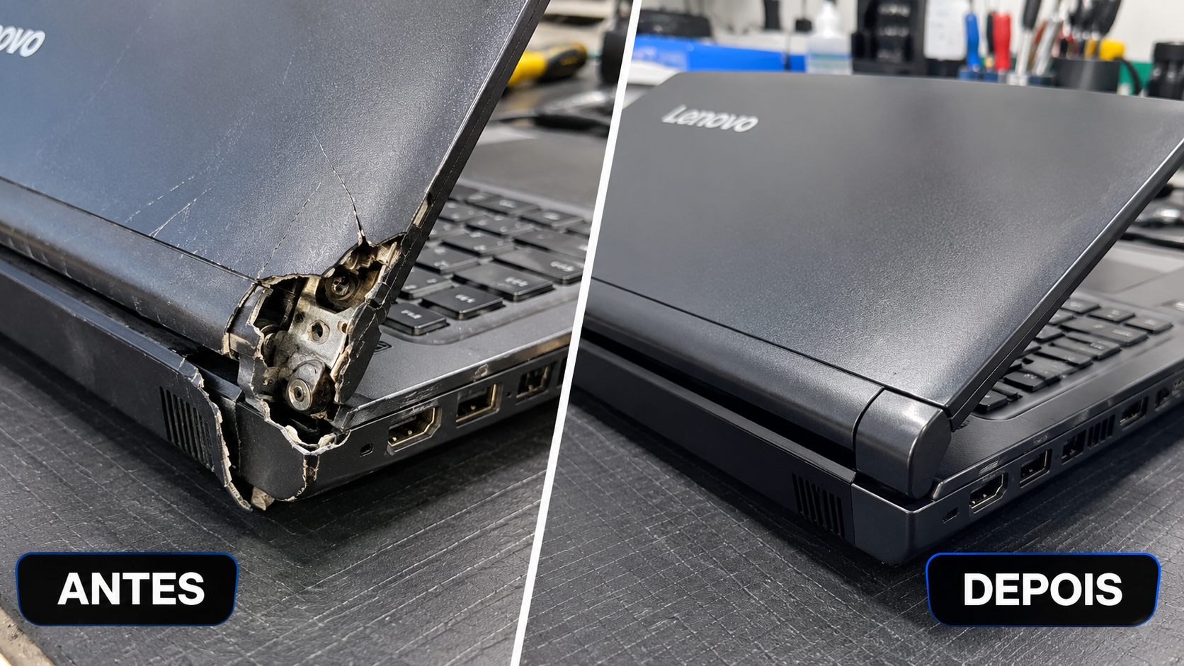 Antes e depois do recondicionamento e recuperação da carcaça de um notebook Lenovo